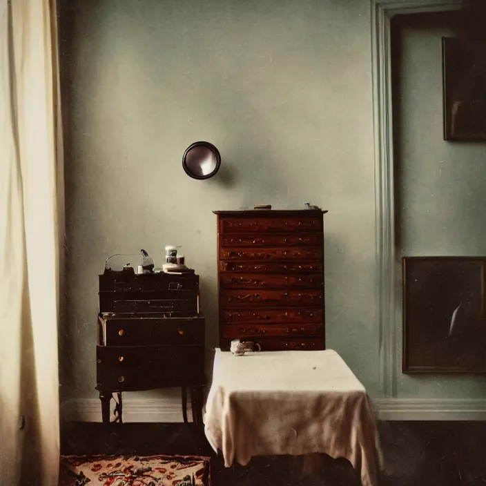 Prompt: kodak portra 4 0 0, wetplate, fisheye, award - winning portrait by britt marling, 1 9 2 0 s room, ghost, picture frames, shining lamps, dust, smoke, 1 9 2 0 s furniture, wallpaper, carpet, books, muted colours, wood, fog,