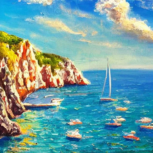 Prompt: italy, capri coast, sea, sunny day, summer, sailing boat, clouds on the sky, oil painting style,