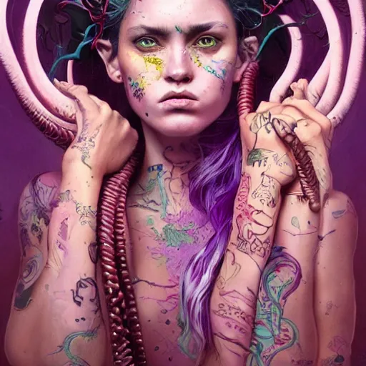 Image similar to art portrait of a furious girl with purple tentacles on her head, 8 k, by tristan eaton, stanley artgermm, tom bagshaw, greg rutkowski, carne griffiths, trending on deviantart, face enhance, hyper detailed, full of colour,