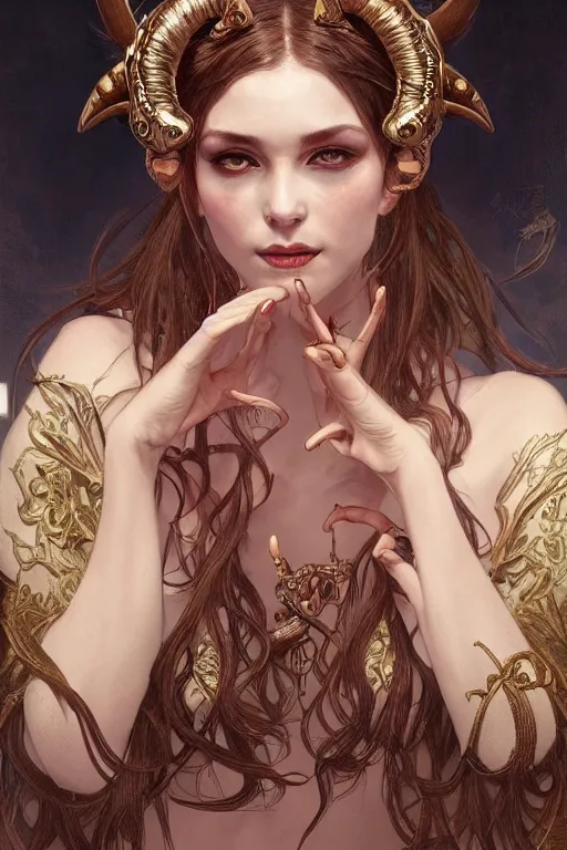 Image similar to Portrait of beautiful demon peasant maiden with horns, intricate, elegant, highly detailed, digital painting, artstation, concept art, smooth, sharp focus, illustration, art by artgerm and greg rutkowski and alphonse mucha