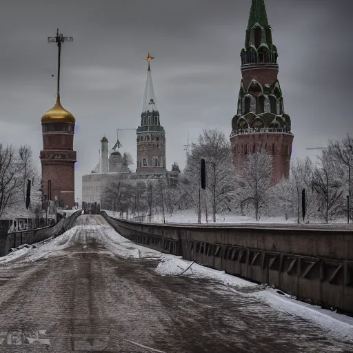 Prompt: A photo of post-apocalyptic Kremlin after the nuclear explosion in Moscow, 4k
