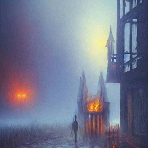 Image similar to A burning building on a foggy night with figures standing in the fog, gothic art, color, detailed