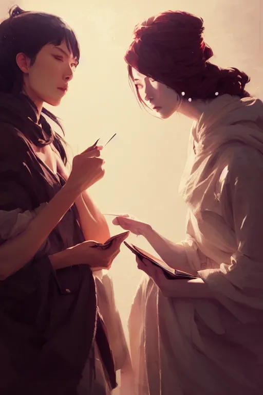 Prompt: portrait of two wise and very beautiful women discussing some texts, art by guweiz and greg rutkowski, intricate, elegant, highly detailed, smooth, sharp focus, artstation