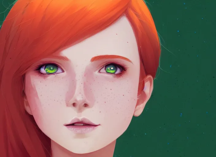 Image similar to portrait of a beautiful smiling girl with orange hair and freckles, green eyes, highly detailed, digital painting, concept art, smooth, sharp, focus, background is purple, anime key visual, lois van baarle, ilya kuvshinov, rossdraws, artstation