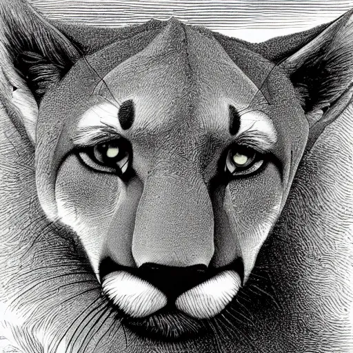 Image similar to extreme close-up, black and white, portrait of a Mountain Lion in the bush, Gustave Dore lithography