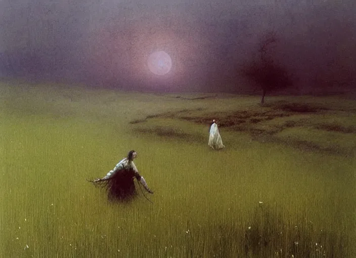 Image similar to shepherdess grazes sheep on a green meadow by Luis Royo and Beksinski