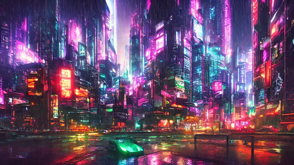 Prompt: Cyberpunk city with neon lights, landscape, raining, reflections, digital art, photorealistic, 4k,