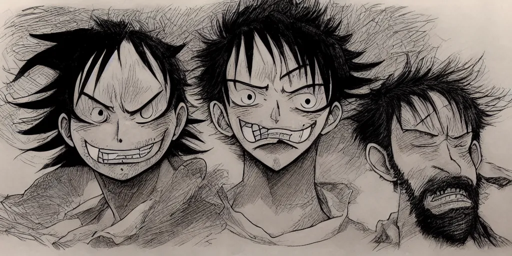 Image similar to [ luffy mustache ] ( by kim jung gi ) ( by kentaro miura )