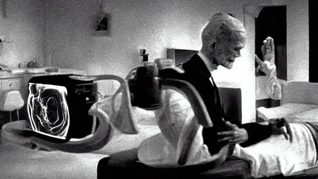 Image similar to an mri image of james cavell in the living room, film still from the movie directed by denis villeneuve with art direction by salvador dali, wide lens