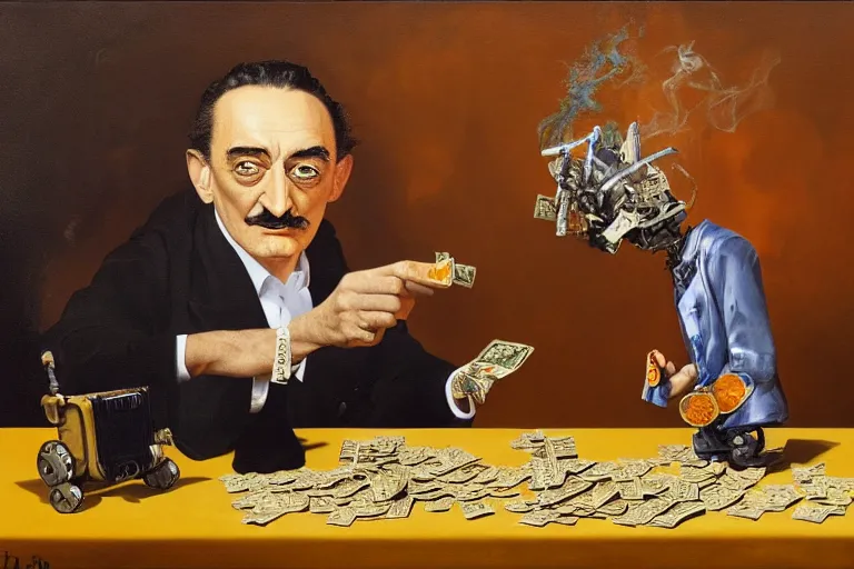 Image similar to Salvador Dali and WALL-E smoking cigars, counting money and holding keys, oil on canvas, artstation, portrait, masterpiece, aesthetic