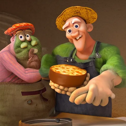 Prompt: cabbages character and king cooking pizza in a wood fired oven, highly detailed 3 d render, funny, pixar