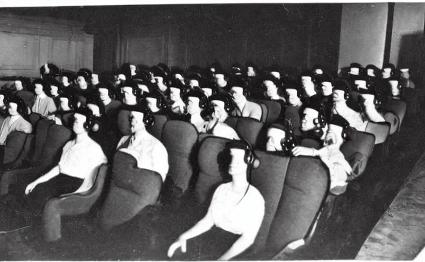 Image similar to 1 9 0 0 s photo of people wearing virtual reality headsets vr in a movie theater masterpiece old photograph