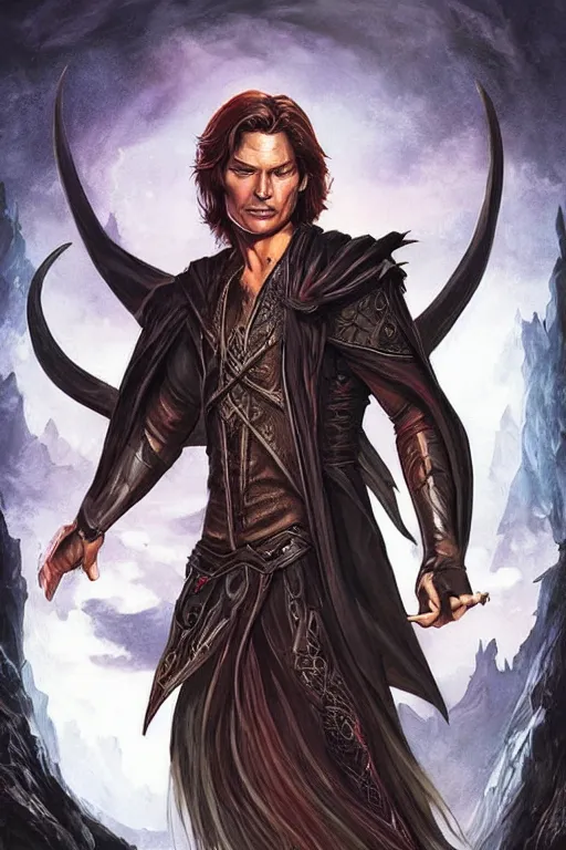 Image similar to masculine sam winchester as a dark mage warrior tattooed in the cover of an acotar book, d & d!, fantasy style, sharp focus!, ultra detailed, art by artgerm and peter andrew jones, wlop