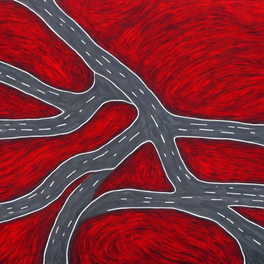 Image similar to painting of highway roads that are like blood arteries leading to the heart's core.