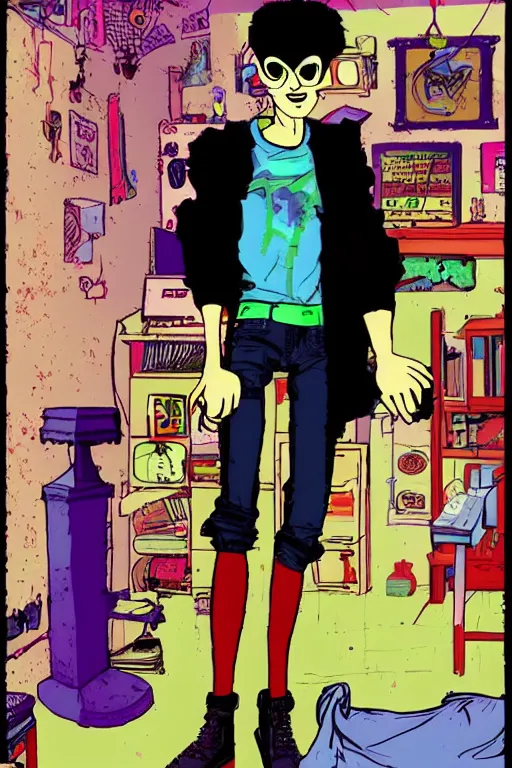 Image similar to a skinny goth guy standing in a cluttered 9 0 s bedroom by jamie hewlett, jamie hewlett art, full body character concept art, vaporwave colors, digital painting,