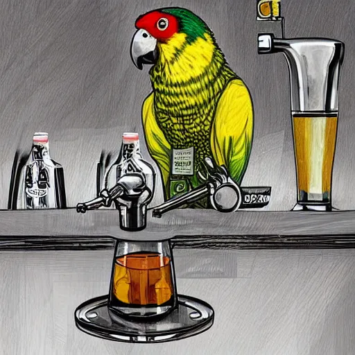 Prompt: A Parrot pouring a draft beer behind a bar, trending on Artstation, digital art