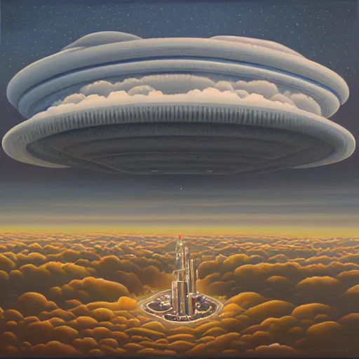 Image similar to big alien spaceship shaped like cloud hanging above city by jeffrey smith, oil on canvas