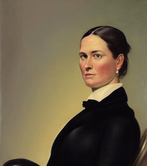 Prompt: official side portrait of united states president tom brady!, female, in a black suit, 1 8 6 8, a character portrait by cassius marcellus coolidge, reddit contest winner, american romanticism, oil on canvas, detailed painting, creative commons attribution