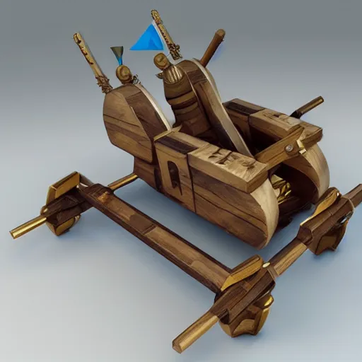 Prompt: a catapult with multiple launchers, 3D model, octane render, wooden