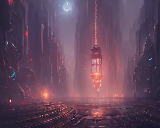 Prompt: great city of the lantern of time, a sci-fi digital painting by Greg Rutkowski and James Gurney, trending on Artstation, eerily beautiful, highly detailed