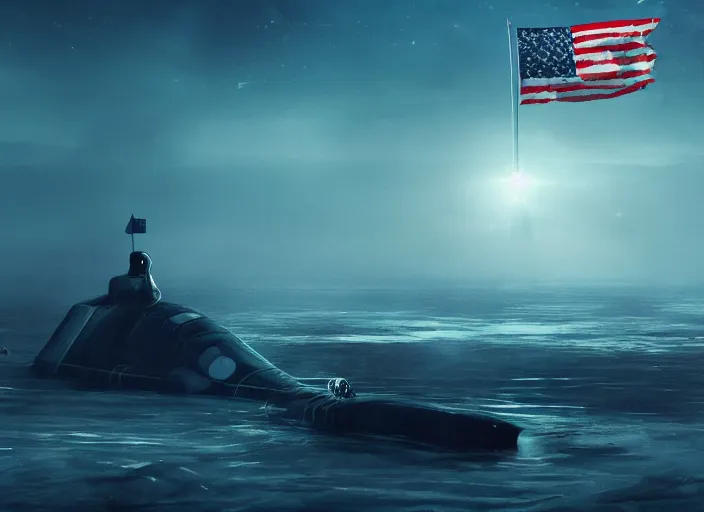 Image similar to astronaut holding a flag in an underwater desert. a submarine is visible in the distance. dark, concept art, cinematic, dramatic, atmospheric, 8 k, trending on artstation, blue, fish, low visibility, fog, ocean floor, christopher nolan, interstellar