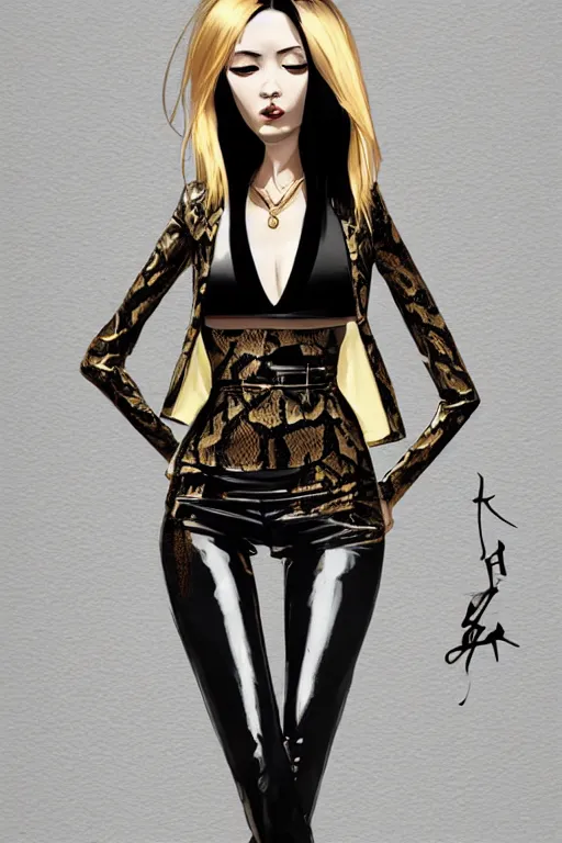 Image similar to yakuza slim girl, gold suit jacket in snake print, jacket over bare torso, yakuza tattoo on body, black short curtain haircut, black leather pants with black belt, portrait, elegant, 2d, ultra highly detailed, digital painting, smooth, sharp focus, artstation, art by Ilya Kuvshinov, rossdraws