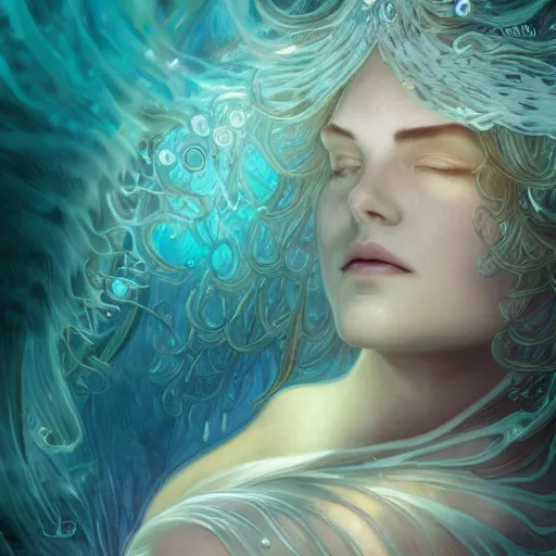 Prompt: an underwater photographic portrait of a dreaming anthropomorphic bioluminescent water wave, fantasy, intricate, elegant, highly detailed, digital painting, artstation, concept art, smooth, sharp focus, illustration, art by artgerm and h r giger and alphonse mucha