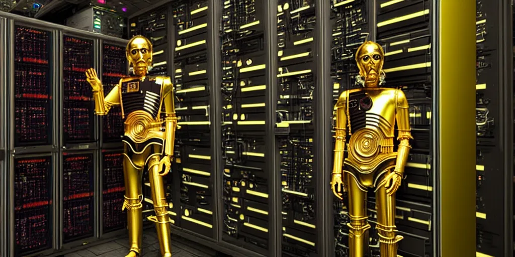 Prompt: c 3 po in big server room high details shot cyberpunk retrowave from movie