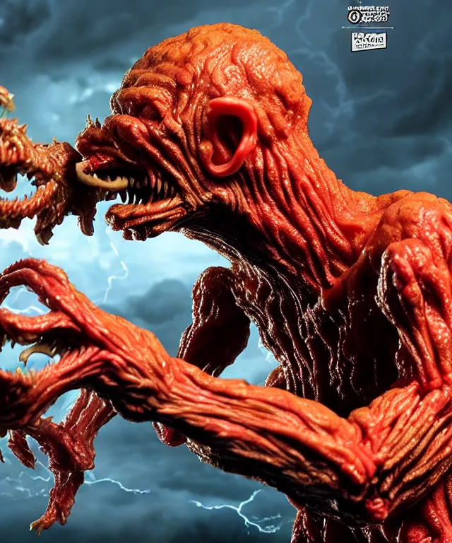 Image similar to hyperrealistic rendering, epic boss battle, cronenberg flesh monster, by art of skinner and richard corben, product photography, collectible action figure, sofubi, hottoys, storm clouds, outside, lightning