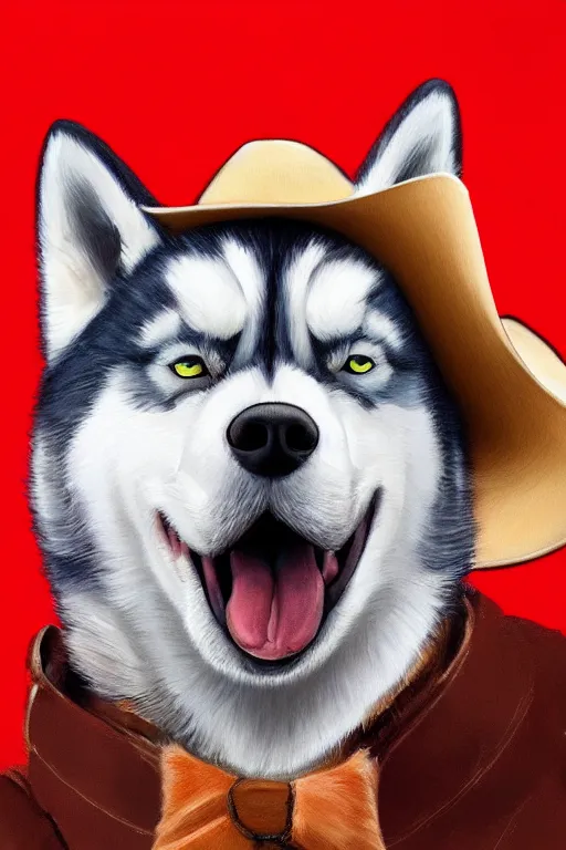 Image similar to a portrait painting of a husky in cowboy costume, wearing a cowboy hat, by studio ghibli, [ western film ], [ red dead ], trending on artstation