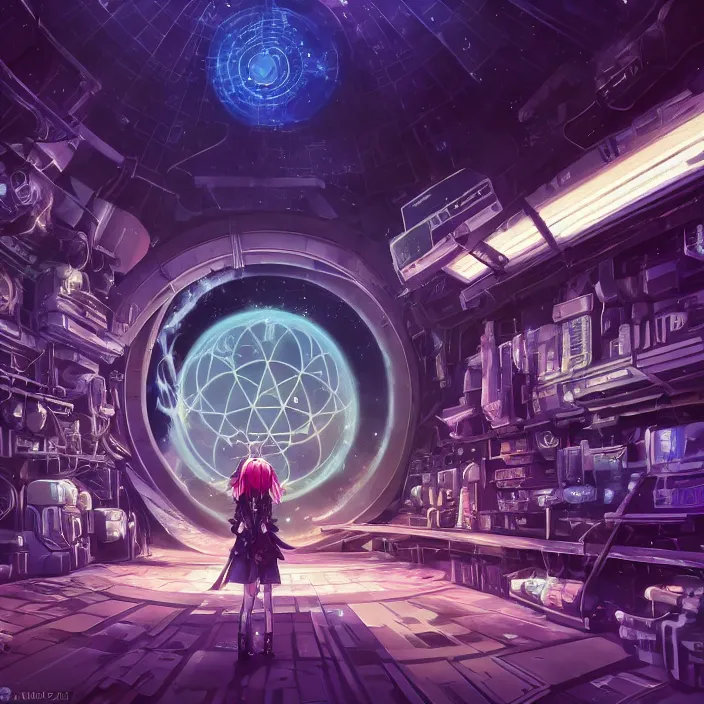 Image similar to Albedo from overlord, mamimi samejima, psychedelic background, epcot, inside a space station, eye of providence, female anime character, Lain, uwu, uwu, Luminism, Tomas Sanchez, surrealism, Simon Stålenhag, Ruan Jia, uwu Hi-Fructose, Artstation, HD, HDR, High Resolution, technological rings, giygas