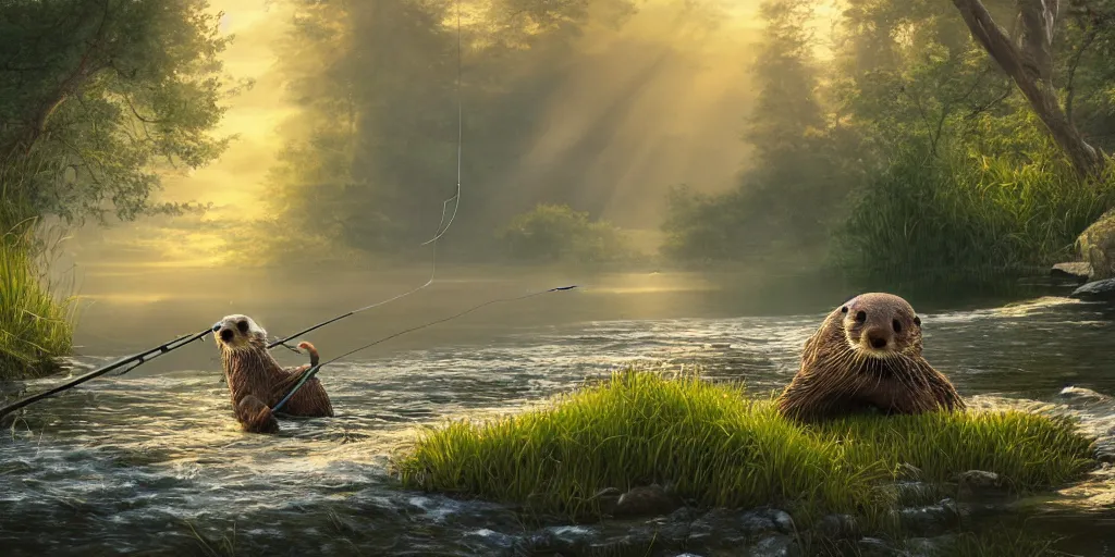 Image similar to breathtaking painting of cute otter hanging fishing rod and fishing on coast of river, morning forest, octane render, artstation, stylized, HDR, smooth light, morning light, 8k