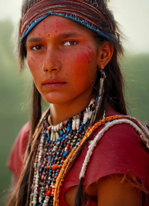 Prompt: closeup portrait of a red indian girl, depth of field, zeiss lens, detailed, symmetrical, centered, fashion photoshoot, by Annie Leibovitz and Steve McCurry, David Lazar, Jimmy Nelsson, Breathtaking, 8k resolution, extremely detailed, beautiful, establishing shot, artistic, hyperrealistic, beautiful face, octane render