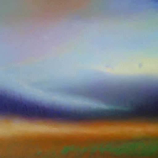 Prompt: impressionistic oil painting of rainbow - hued fog over a valley