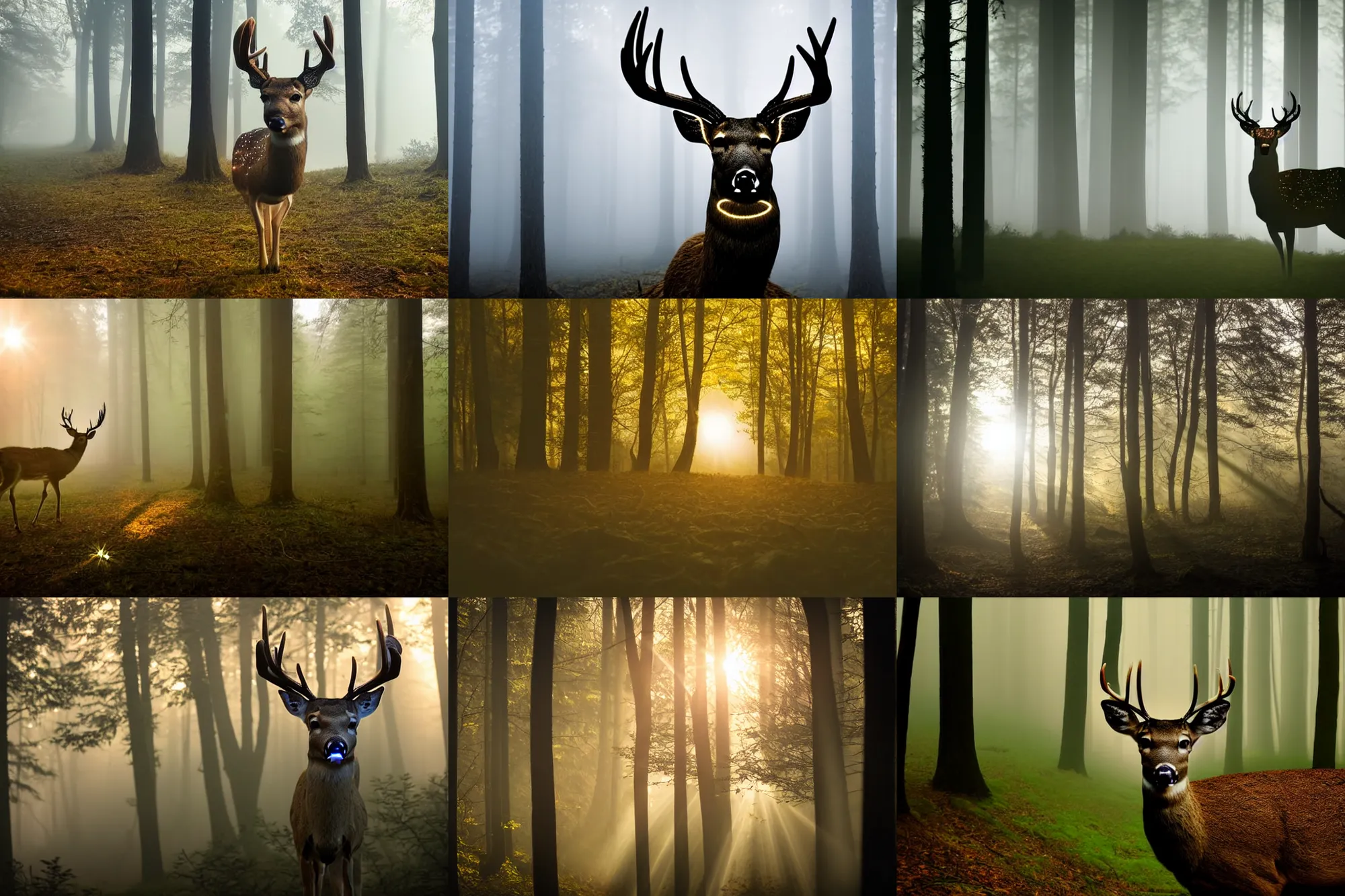 Prompt: shining glowing illuminated eyes, a close up of the head of a deer, background of a landscape misty forest scene, the sun glistening through the trees