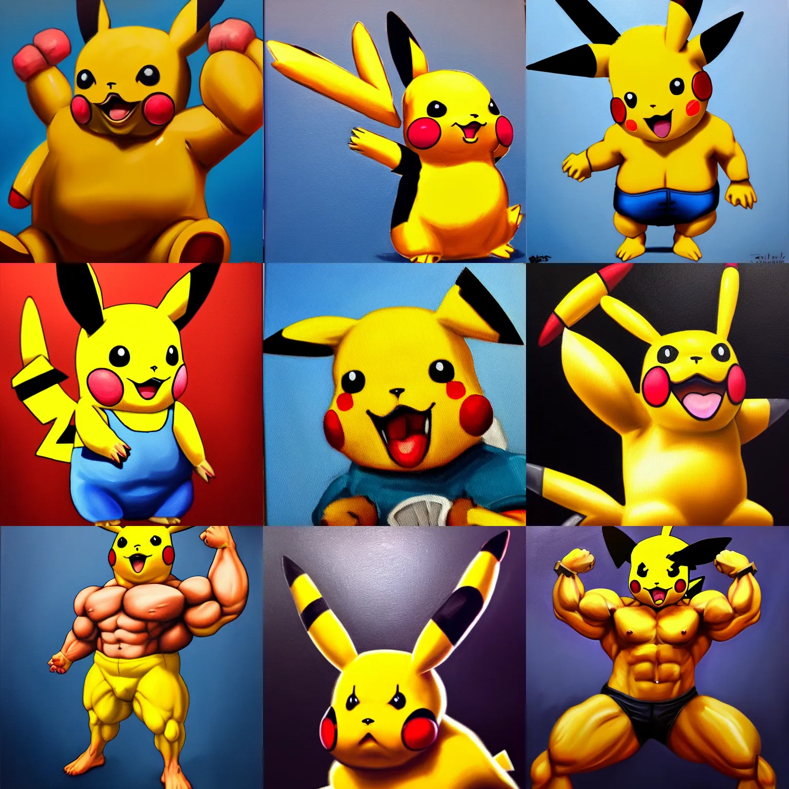 Image similar to oil painting of a buffed pikachu with big muscles, trending on artstation, 4k