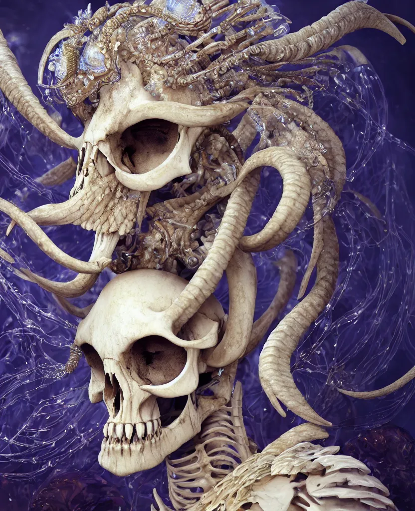 Image similar to close-up macro portrait of the face of a beautiful princess with ram animal skull mask, epic angle and pose, ribcage skeleton symmetrical artwork, 3d with depth of field, blurred background, cybernetic jellyfish female face phoenix bird, translucent, nautilus, energy flows of water and fire. a highly detailed epic cinematic concept art CG render. made in Maya, Blender and Photoshop, octane render, excellent composition, cinematic dystopian brutalist atmosphere, dynamic dramatic cinematic lighting, aesthetic, very inspirational, arthouse. y Greg Rutkowski, Ilya Kuvshinov, WLOP, Stanley Artgerm Lau, Ruan Jia and Fenghua Zhong