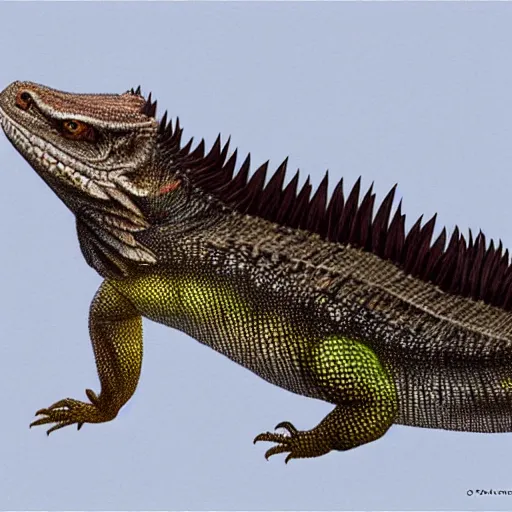 Prompt: bearded dragon on the back of a siberian husky, photorealistic