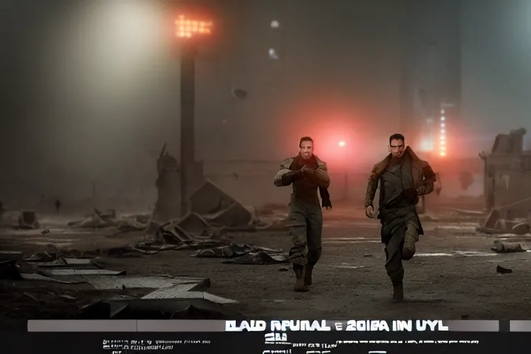 Image similar to vfx film, blade runner 2 0 4 9 futuristic soldiers shoot at enemy robots futuristic war, battlefield, war zone, shootout, dilapidated city ruins, running, shooting, explosion, battlefront, leaping, flat color profile low - key lighting award winning photography arri alexa cinematography, big crowd, hyper real photorealistic cinematic beautiful, atmospheric cool colorgrade