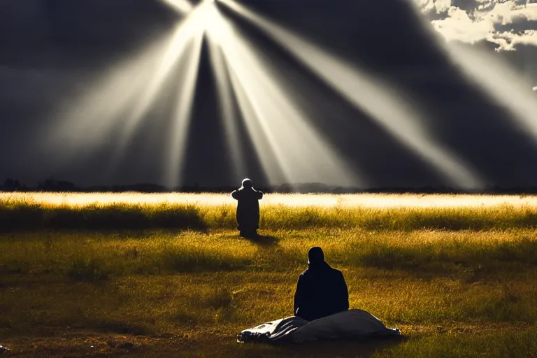 Prompt: god appearing to a homeless man, god rays, 8 0 0 mm, from back, cloudy sky, marsh field