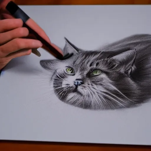 Prompt: Cat drawning himself with brush on canvas, realistic 3d render,