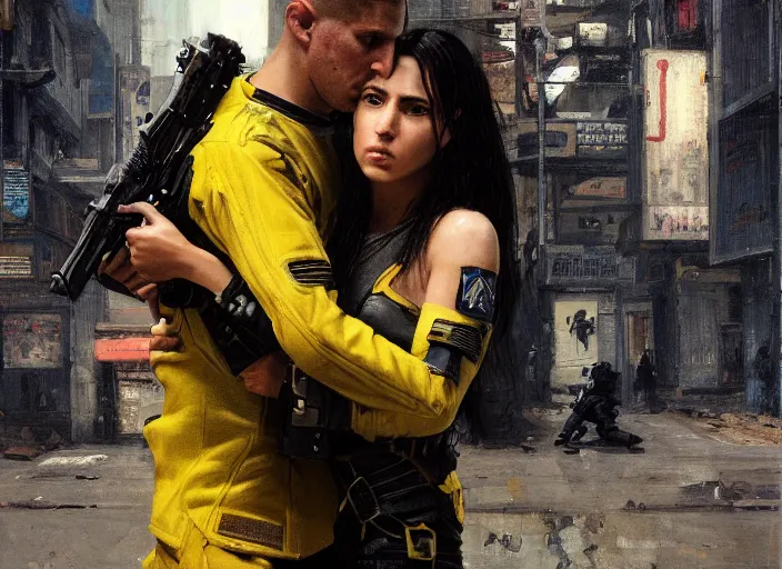 Image similar to Maria evades sgt Nash. Cyberpunk hacker wearing yellow fighting police troopers (blade runner 2049, cyberpunk 2077). beautiful face. jujitsu. Orientalist portrait by john william waterhouse and James Gurney and Theodore Ralli and Nasreddine Dinet, oil on canvas. Cinematic, hyper realism, realistic proportions, dramatic lighting, high detail 4k