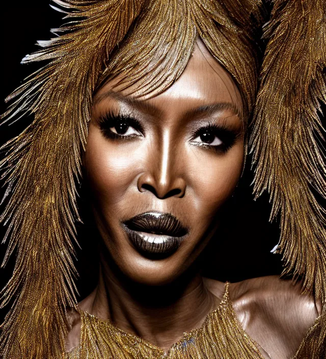 Image similar to photography face portrait of naomi campbell, natural pose, natural lighing, wearing a ornate transparent and metallic costume with feathers and cloth convolutions by iris van herpen, highly detailed, smooth, sharp foccus, artstation hq, skin grain detail, high detail, photography by by paolo roversi, creativity in fashion design