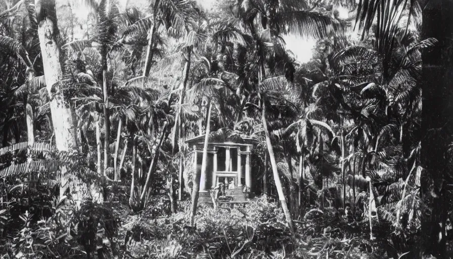 Prompt: lost film footage of a sacred object in the middle of the ( ( ( ( ( ( ( ( ( tropical jungle ) ) ) ) ) ) ) ) ) / film still / cinematic / enhanced / 1 9 2 0 s / black and white / grain