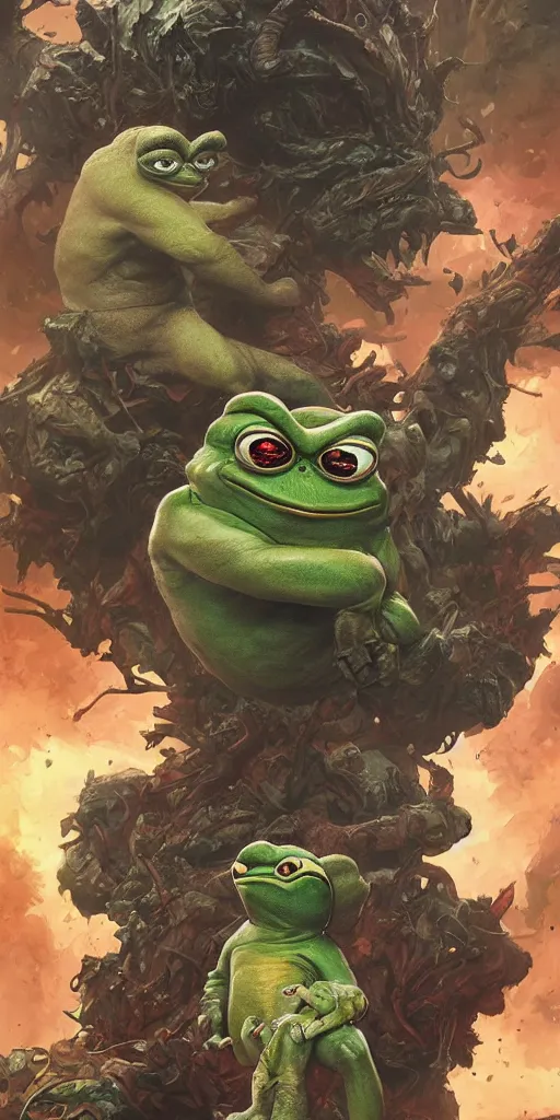 Image similar to Pepe The Frog, marvel comics, dark, intricate, highly detailed, smooth, artstation, digital illustration by Ruan Jia and Mandy Jurgens and Artgerm and Wayne Barlowe and Greg Rutkowski and Frank Frazetta