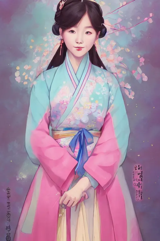 Image similar to pretty korean woman wearing beatiful hanbok, face by artgerm, bright pastel colors, studio ghibli painterly style, trending on artstation, tarot card