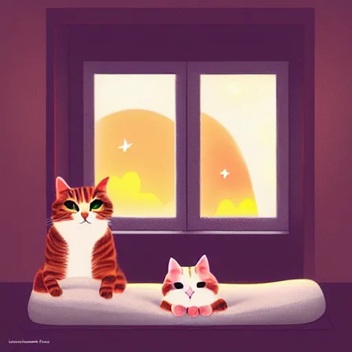 Image similar to two cute multi - colored calico cats sleeping inside a cozy home in the evening, stars shining in the night sky through the window,, artstation, cgsociety, storybook art