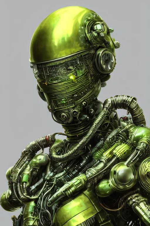 Image similar to Portrait of a biopunk sci-fi cyborg, third person, D&D, sci-fi fantasy, tubes and tanks and bulkheads, intricate, green and gold, highly detailed, art by Range Murata, highly detailed, 3d, octane render, bright colors, digital painting, trending on artstation, sharp focus, illustration style of Stanley Artgerm, background in a cinematic