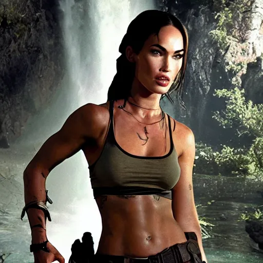 Image similar to an film still of megan fox as lara croft, emerged from river, focus on face