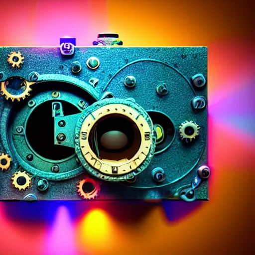 Image similar to cardboard pinhole camera, steampunk, extreme closeup, center frame, symmetric, rim light, bioluminescence, electric, soft, concept art, intricate details, highly detailed, colorful, photorealistic, disney pixar, octane render, iridescent, anime, 8 k